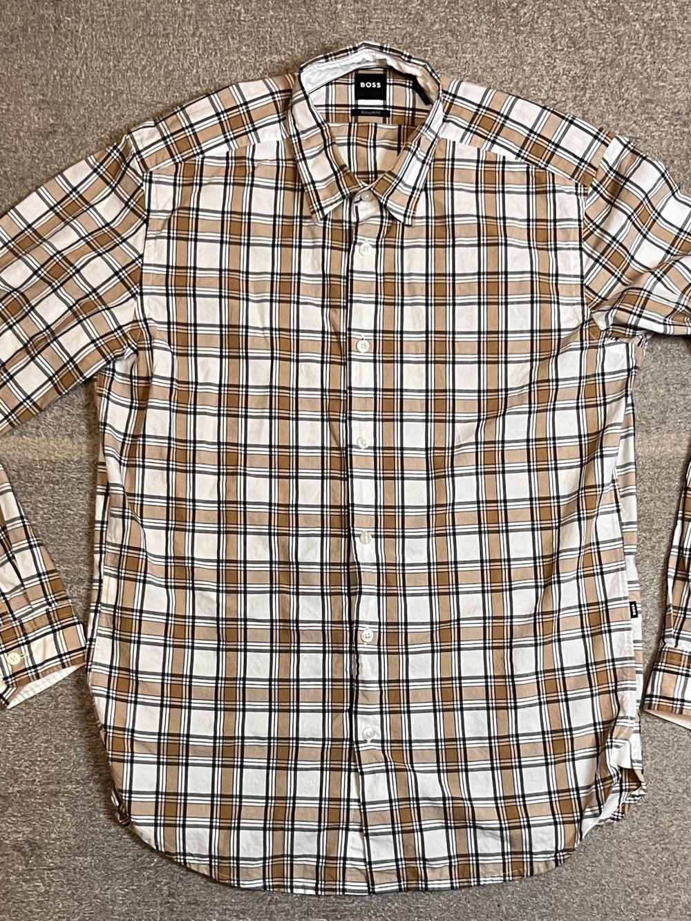 BOSS Men's White‎ and Tan Plaid Button-Down Shirt Medium Preppy Academia A2-32